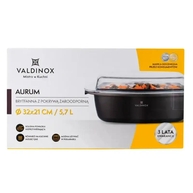 Solidna brytfanna valdinox Aurum z pokrywą żaroodporną, 32x21 cm, 5,7 l, do kuchni indukcyjnej i piekarnika, trwała i nieprzywierająca, idealna do gotowania i pieczenia, gwarancja 3 lata.