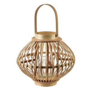Lampion w stylu naturalnym z drewna i szkła, idealny na dekorację wnętrz i na zewnątrz, dodający ciepła i rustykalnego uroku do domowego zakątka.