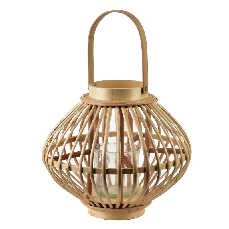 Lampion w stylu naturalnym z drewna i szkła, idealny na dekorację wnętrz i na zewnątrz, dodający ciepła i rustykalnego uroku do domowego zakątka.