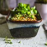 Ekskluzywne domowe danie w ceramicznej misce, podane z świeżymi ziołami i warzywami, idealne do zdrowej kuchni i naturalnych smaków, inspirowane ofertą Domowego Zakątka.