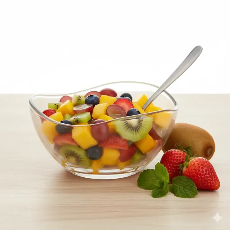 Lekka sałatka owocowa z kiwi, mango, truskawkami i winogronami w przezroczystej misce na jasnym tle.